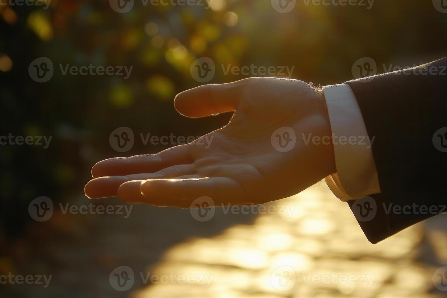 Elegant hand reaching out in a sunlit garden, symbolizing openness and connection photo