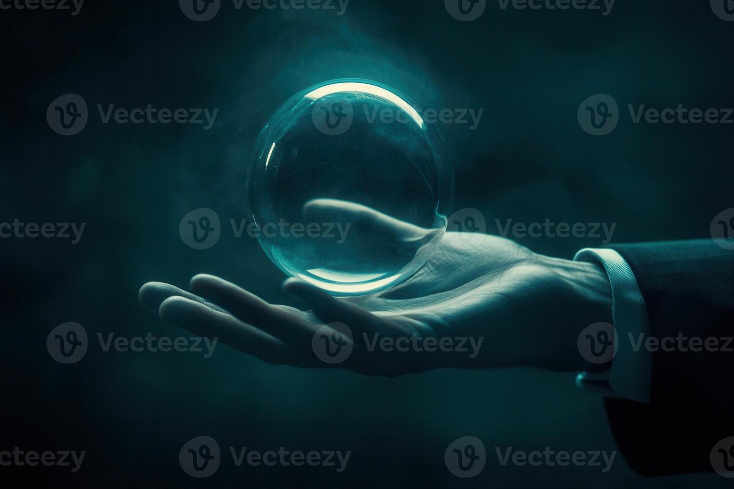 A business professional holding a glowing bubble in a dark, misty environment photo