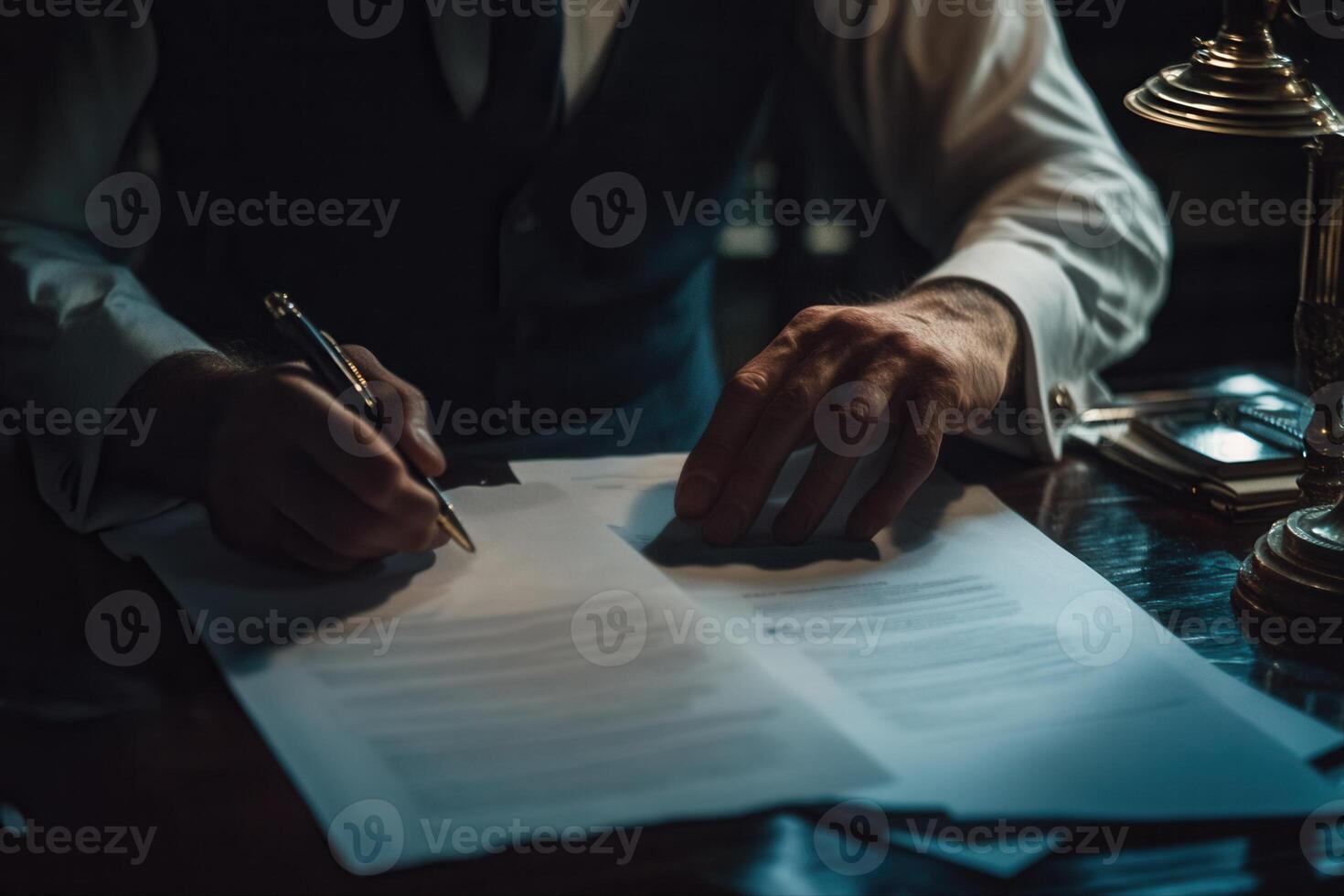 A man in a vest and shirt writing on documents at a desk with a vintage lamp and clock photo