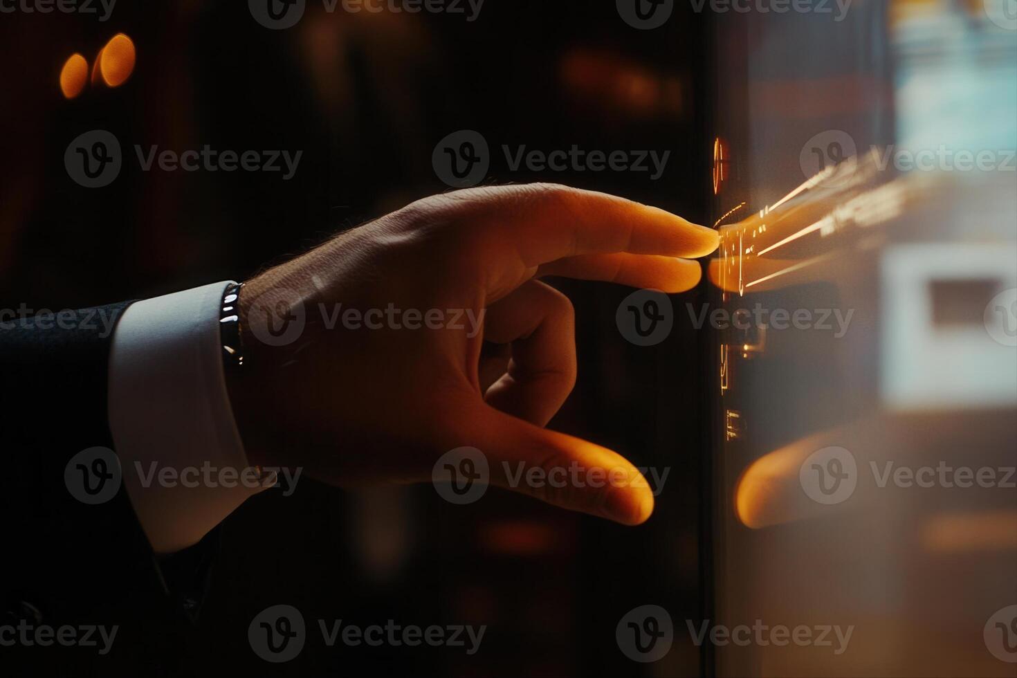 Elegant hand interacting with a touchscreen display, showcasing technology in a modern setting photo