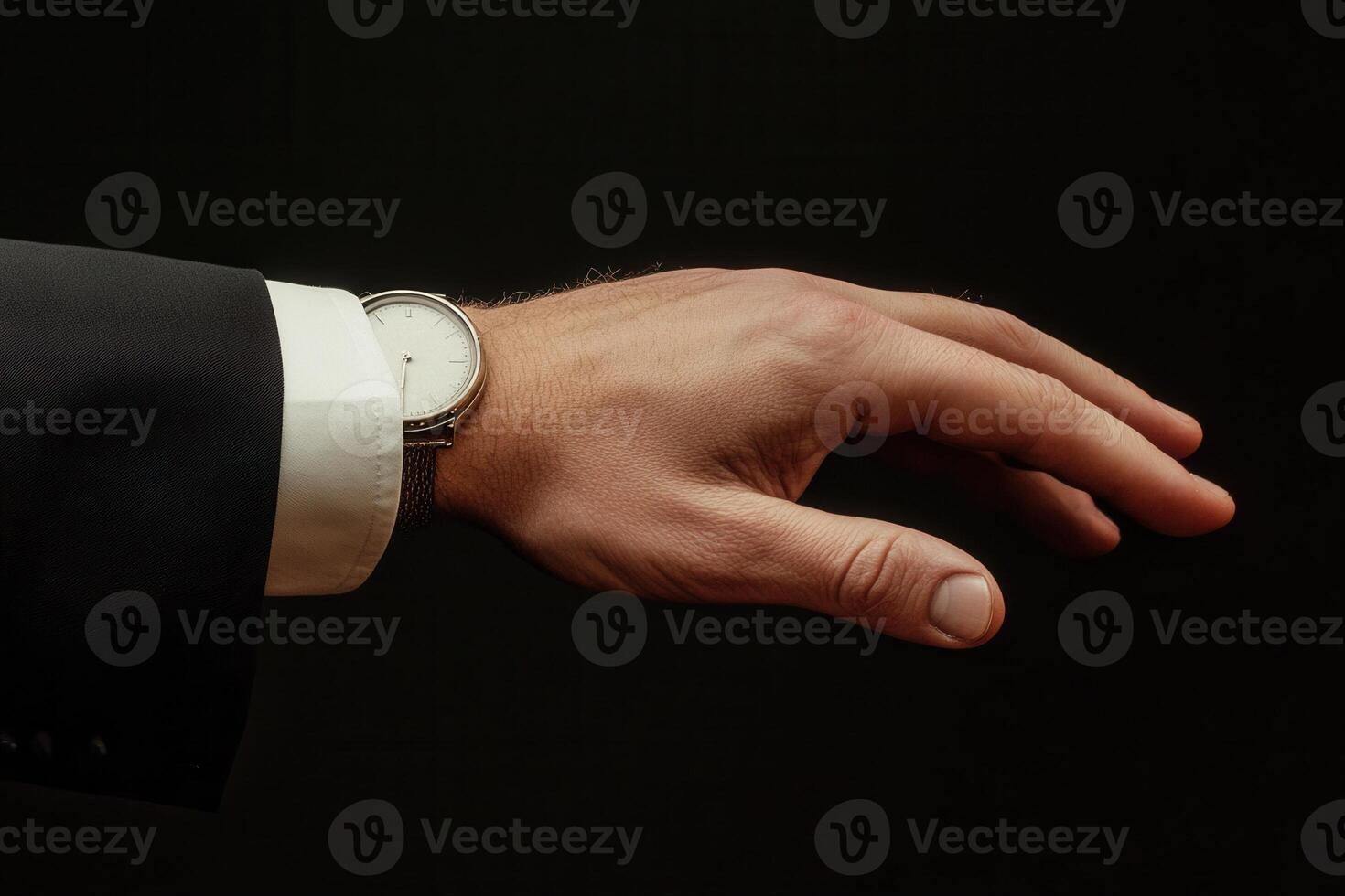 Elegant hand of a businessman in a suit reaching out against a dark background photo