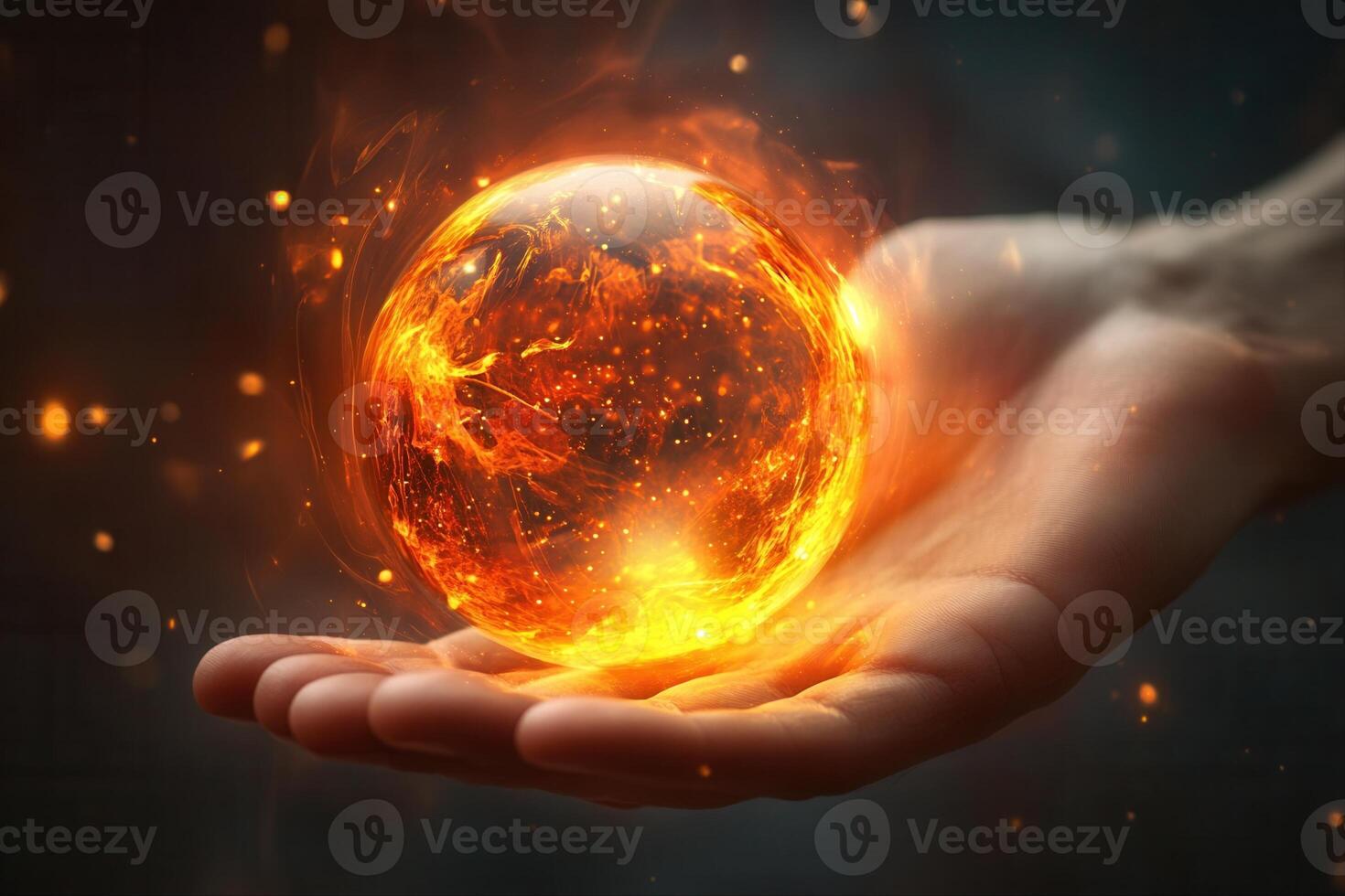 A glowing orb of fire held in a hand, symbolizing power and energy in a dark setting photo
