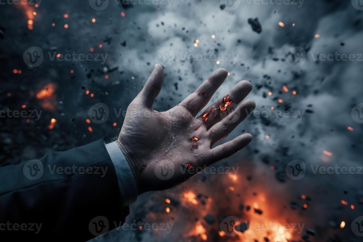 A hand emerging from an explosion, showcasing resilience amidst chaos and destruction photo