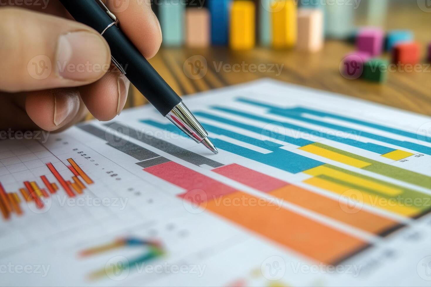 Detailed analysis of colorful graphs and charts on a wooden desk with a pen in hand photo