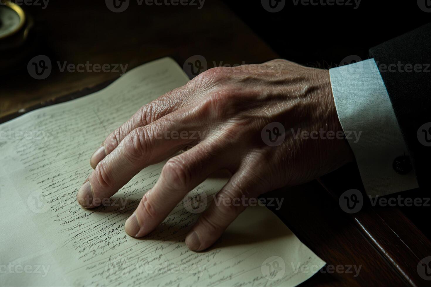 Elegant hand resting on vintage manuscript, capturing historical essence in dim light photo