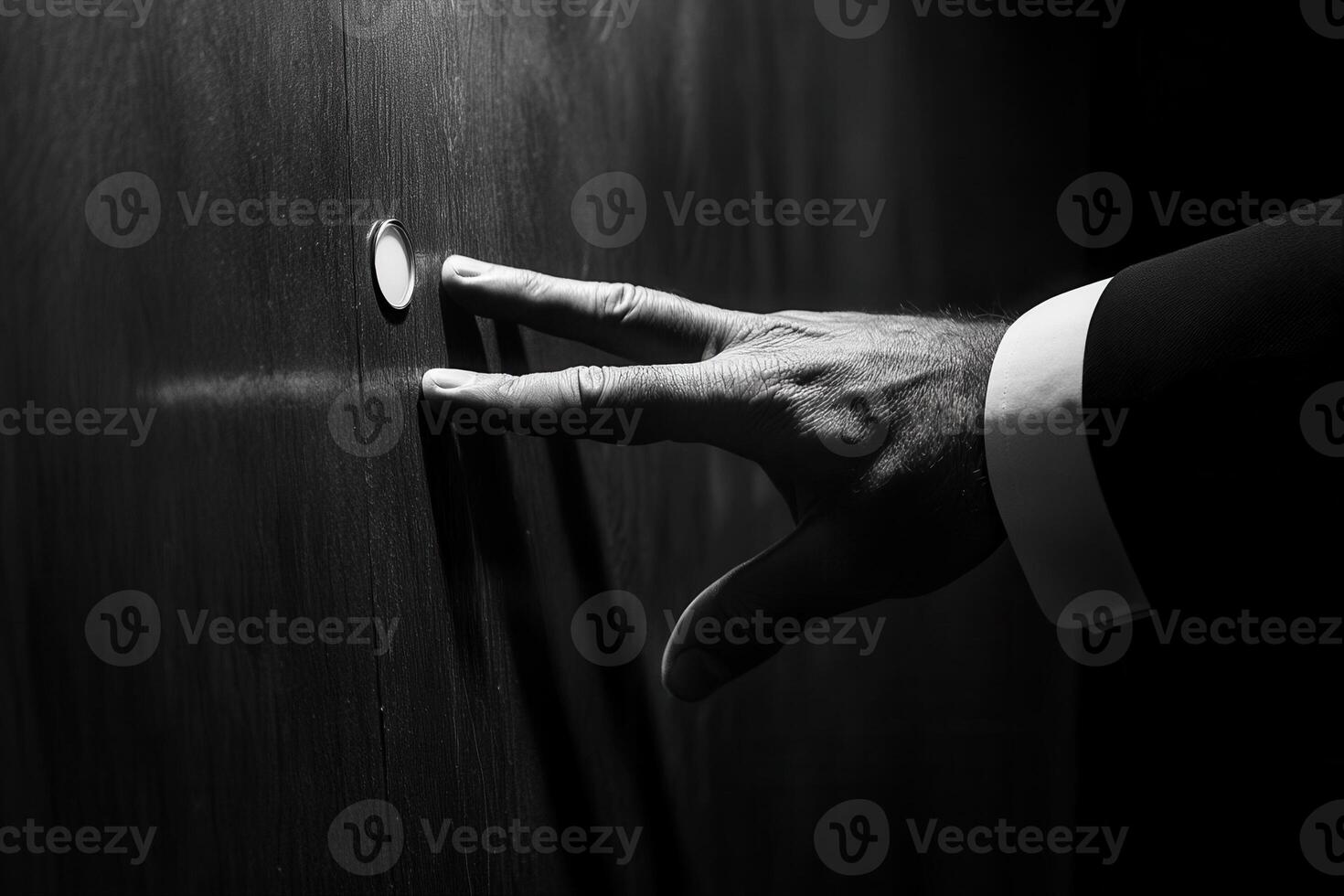 A businessman in a suit reaching for a doorbell in a dimly lit corridor, creating intrigue photo