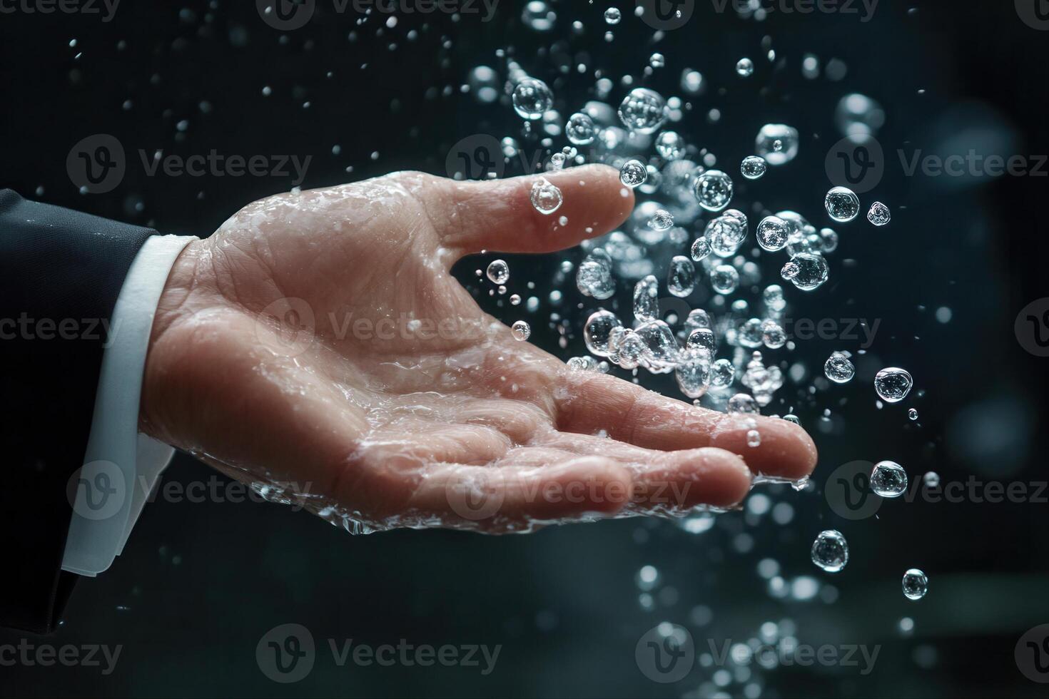 A business professional's hand reaching out to catch bubbles in a serene underwater setting photo
