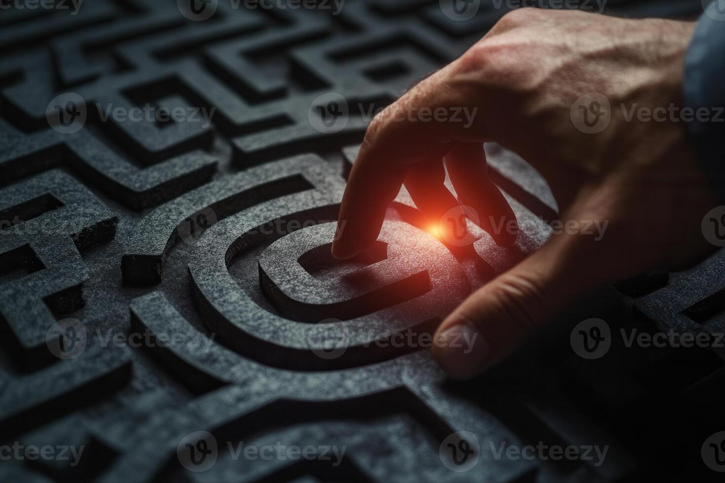 A human hand gently touches a glowing maze pattern, symbolizing problem-solving and discovery photo