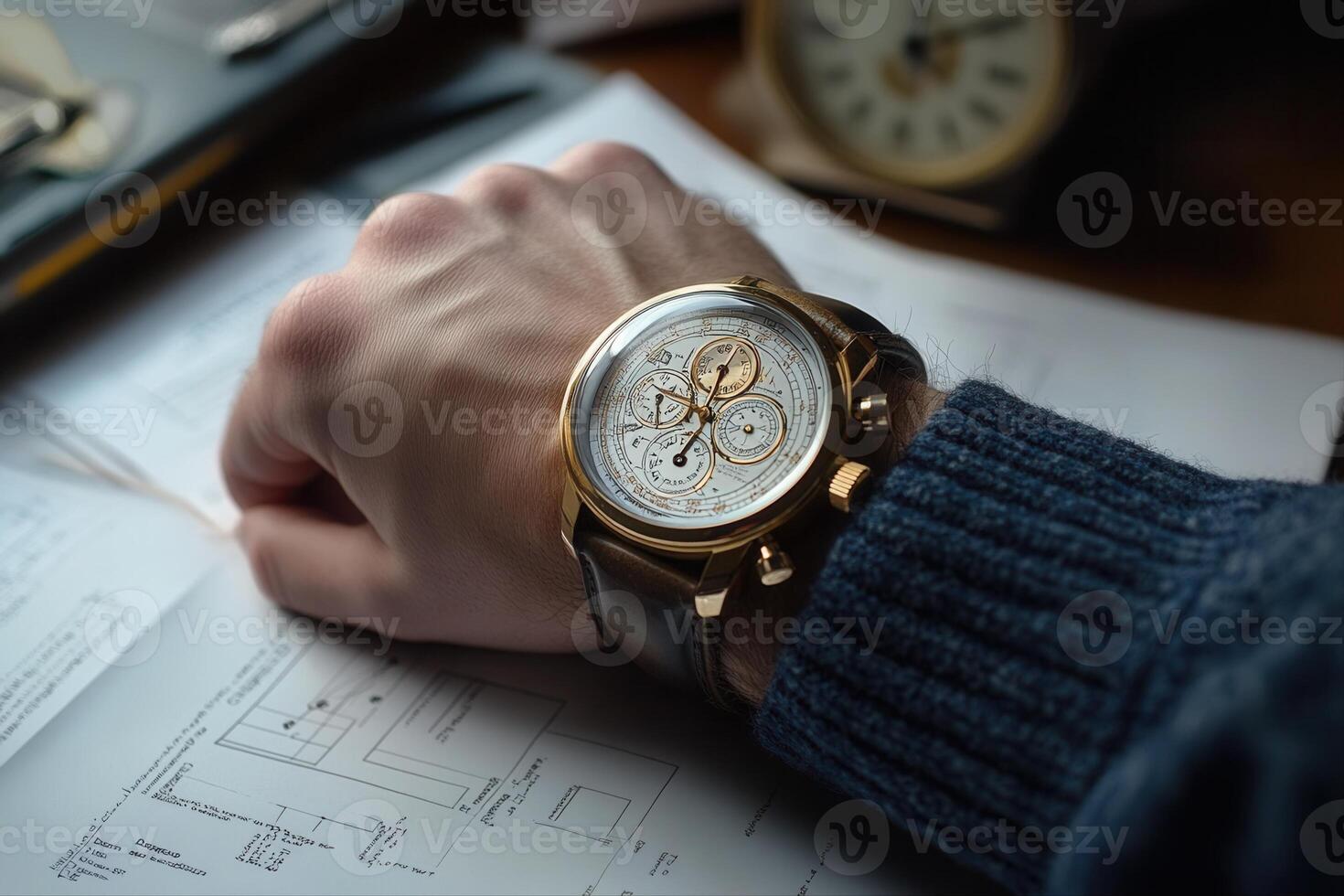 Elegant gold watch on a man's wrist, resting on detailed blueprints in a cozy workspace photo