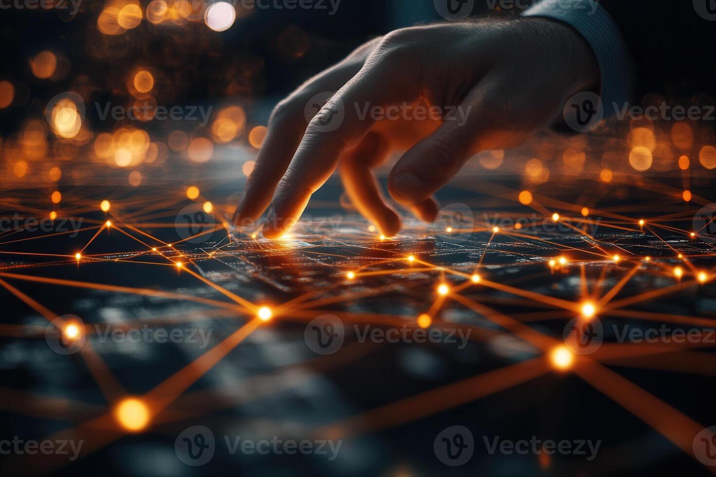 A close-up of a human hand interacting with a glowing network interface, showcasing technology photo