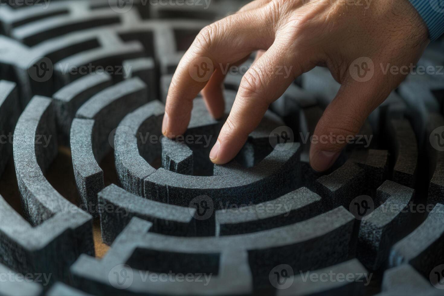 A focused hand navigating a complex black maze, symbolizing problem-solving and strategy photo