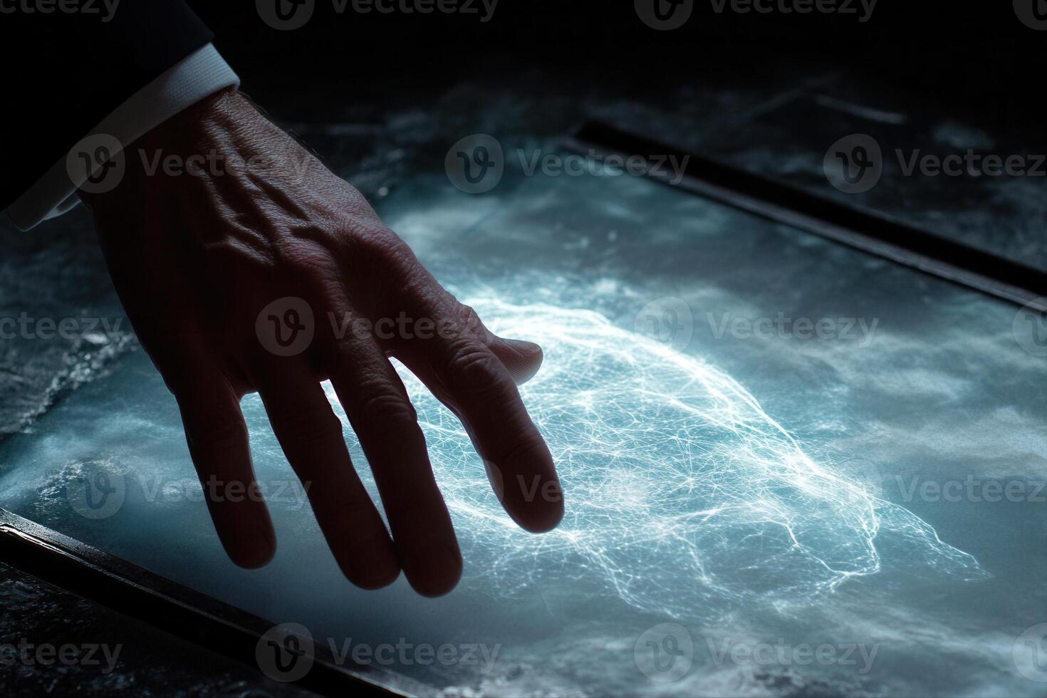 A business professional interacting with a holographic display, showcasing advanced technology photo