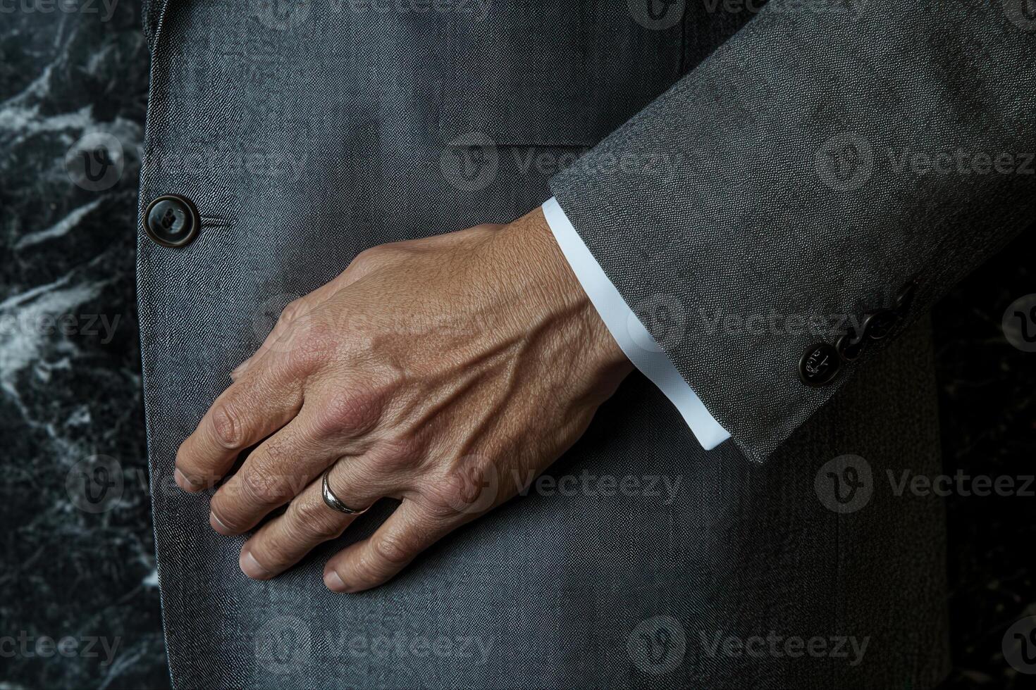Elegant close-up of a man's hand adjusting a suit jacket against a marble background photo