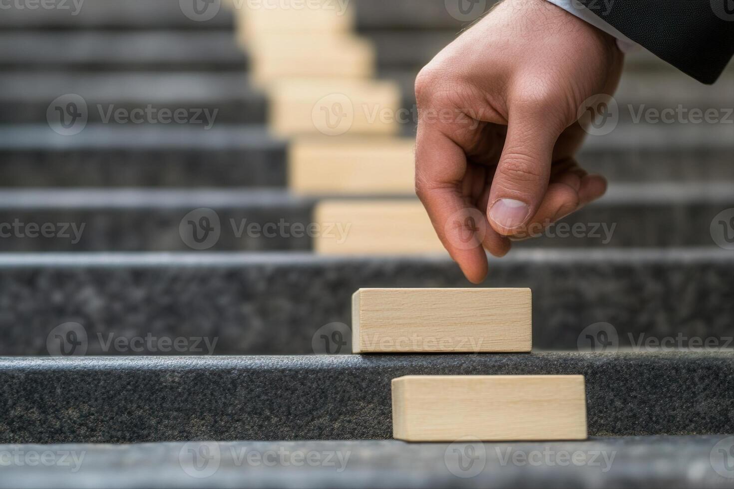 A business professional placing wooden blocks on a staircase, symbolizing progress and growth photo
