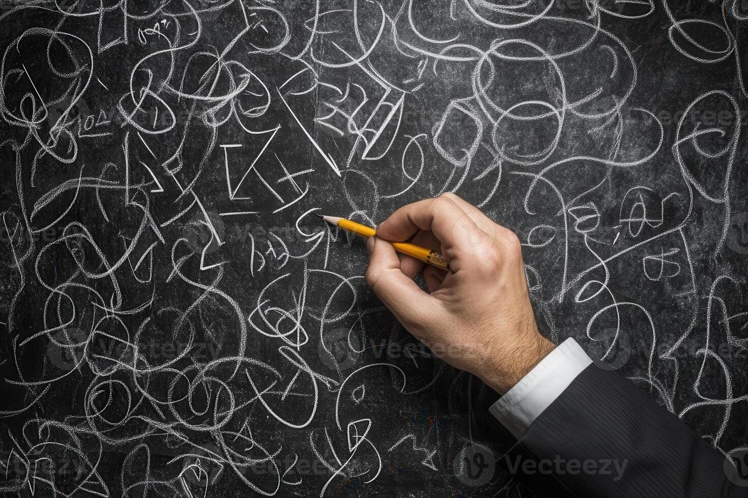 A businessman writing complex equations on a chalkboard in a modern office setting photo