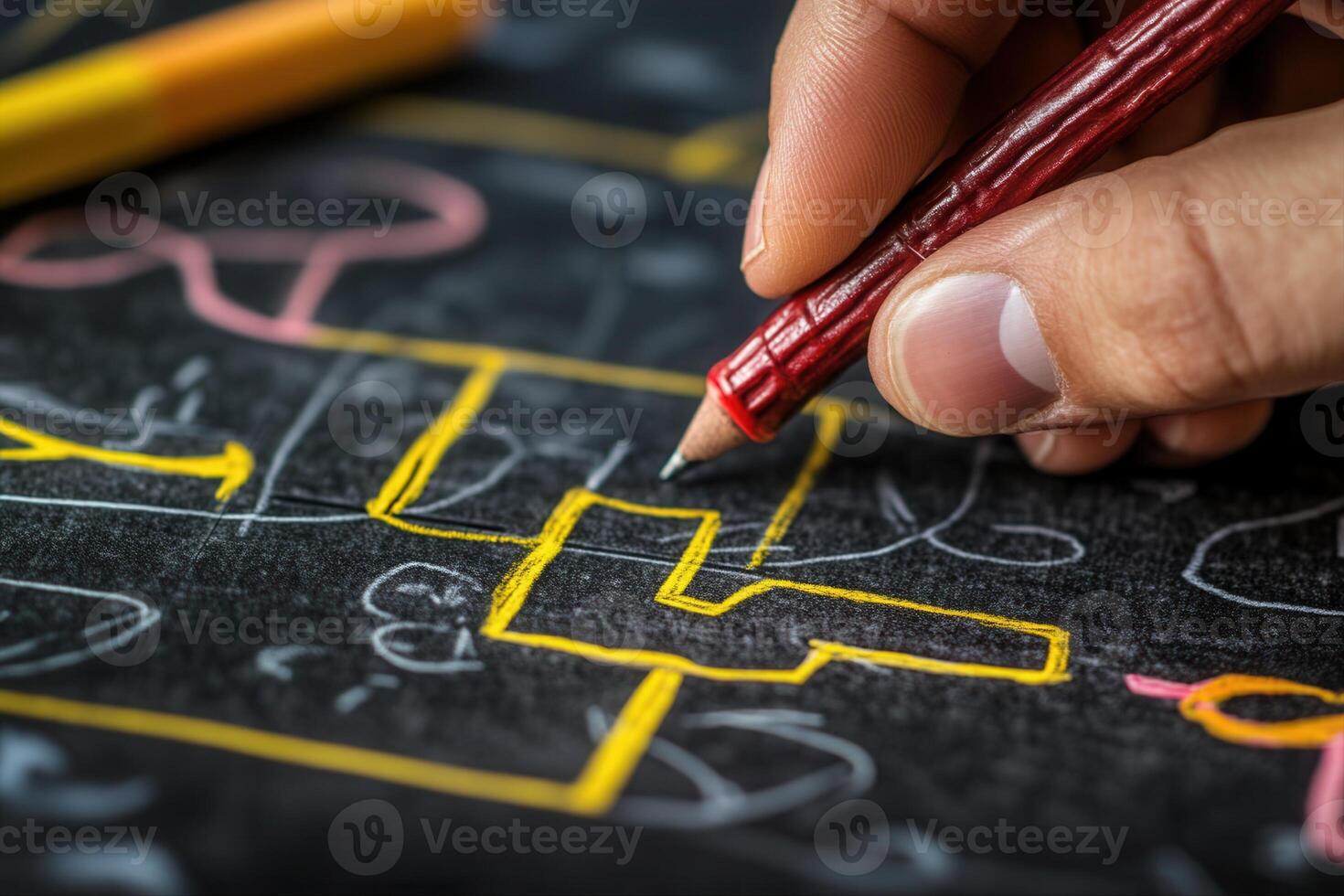 Detailed hand sketching a creative blueprint on a blackboard with colorful markers photo