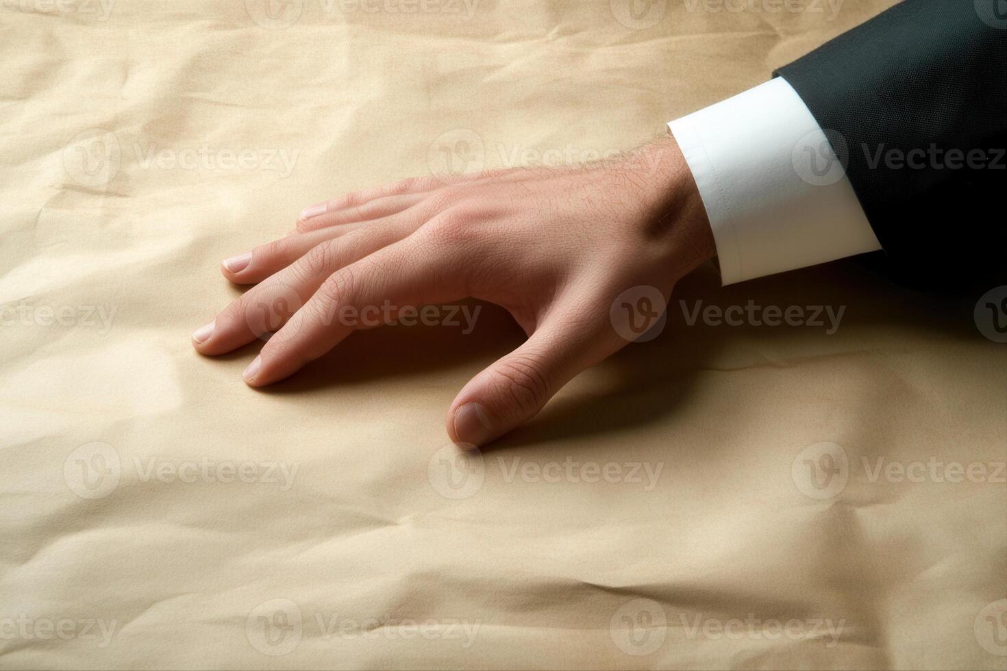 Elegant business hand resting on crumpled brown paper, suggesting creativity and planning photo