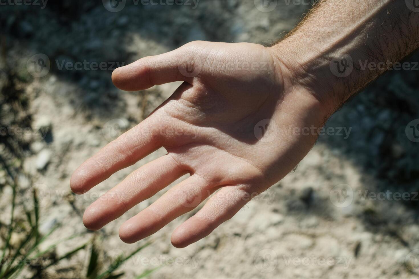 A close-up of a human hand reaching out against a textured natural background photo