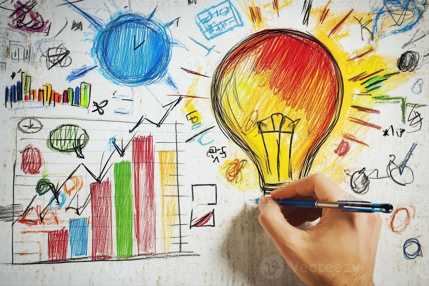 Creative brainstorming session with colorful charts and a light bulb illustration photo