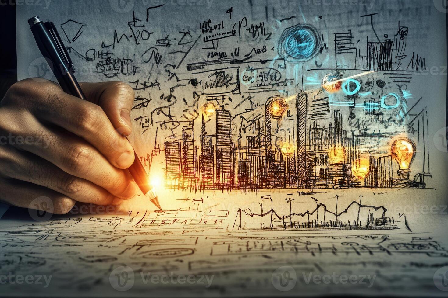 Creative hand sketching urban cityscape with glowing ideas and digital elements in background photo