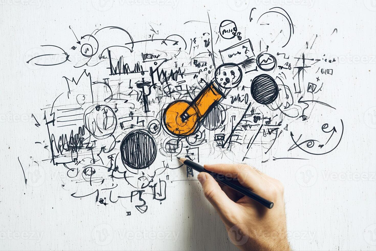 Creative hand sketching abstract designs on a whiteboard with vibrant colors and doodles photo