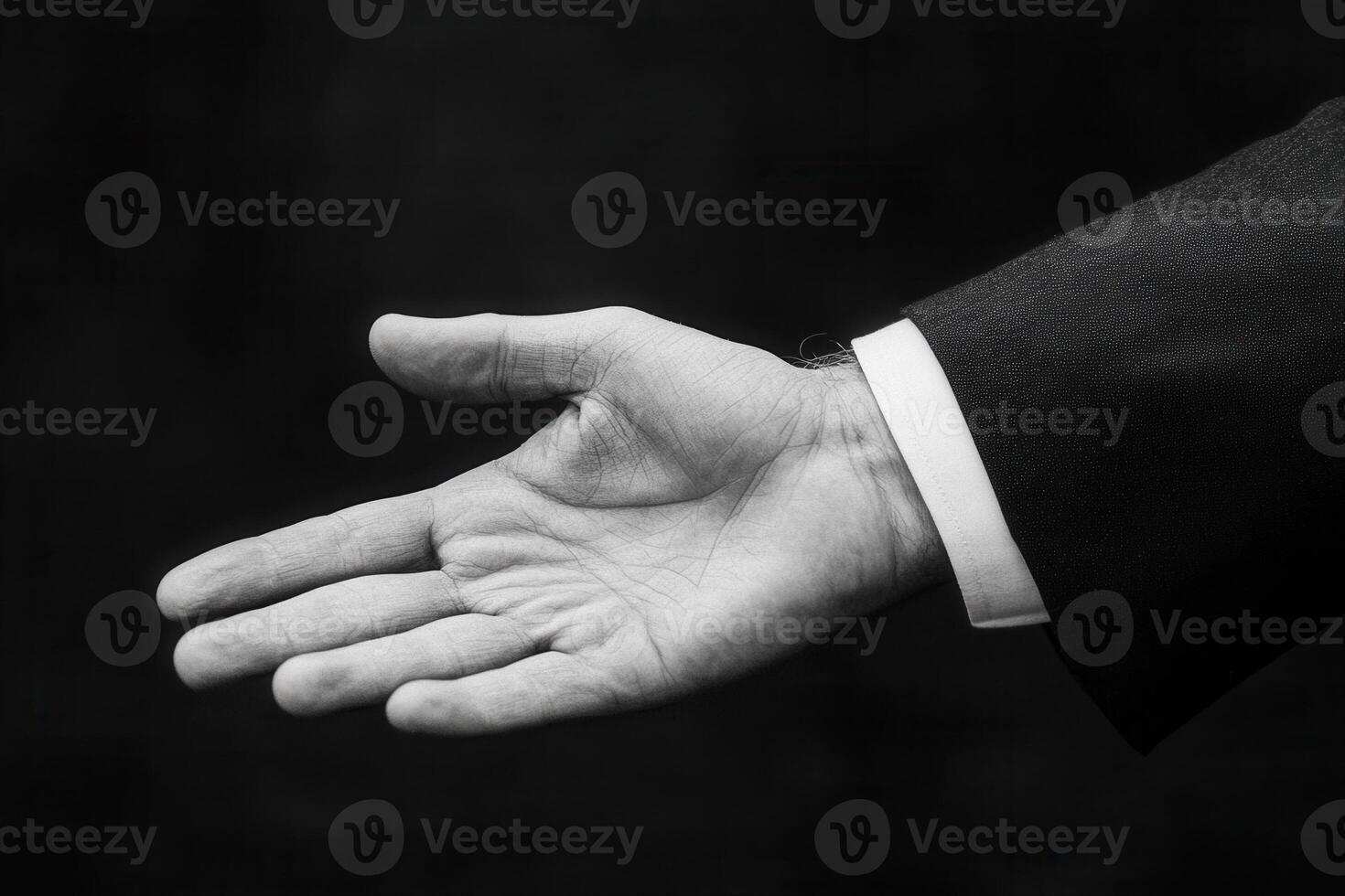 Elegant black and white image of an outstretched hand in a business suit, inviting collaboration photo