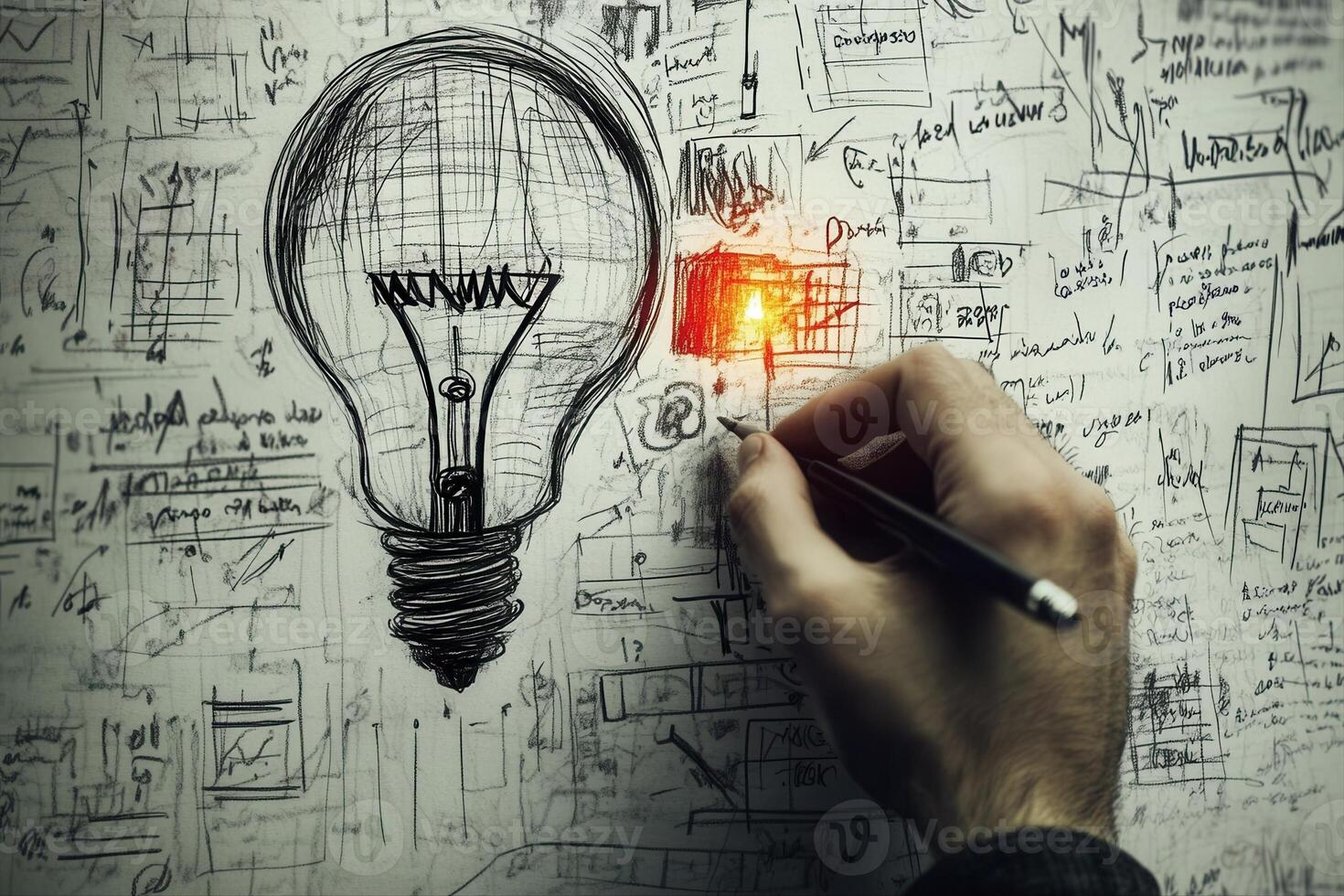 Creative brainstorming session with hand sketching ideas on a lightbulb concept backdrop photo