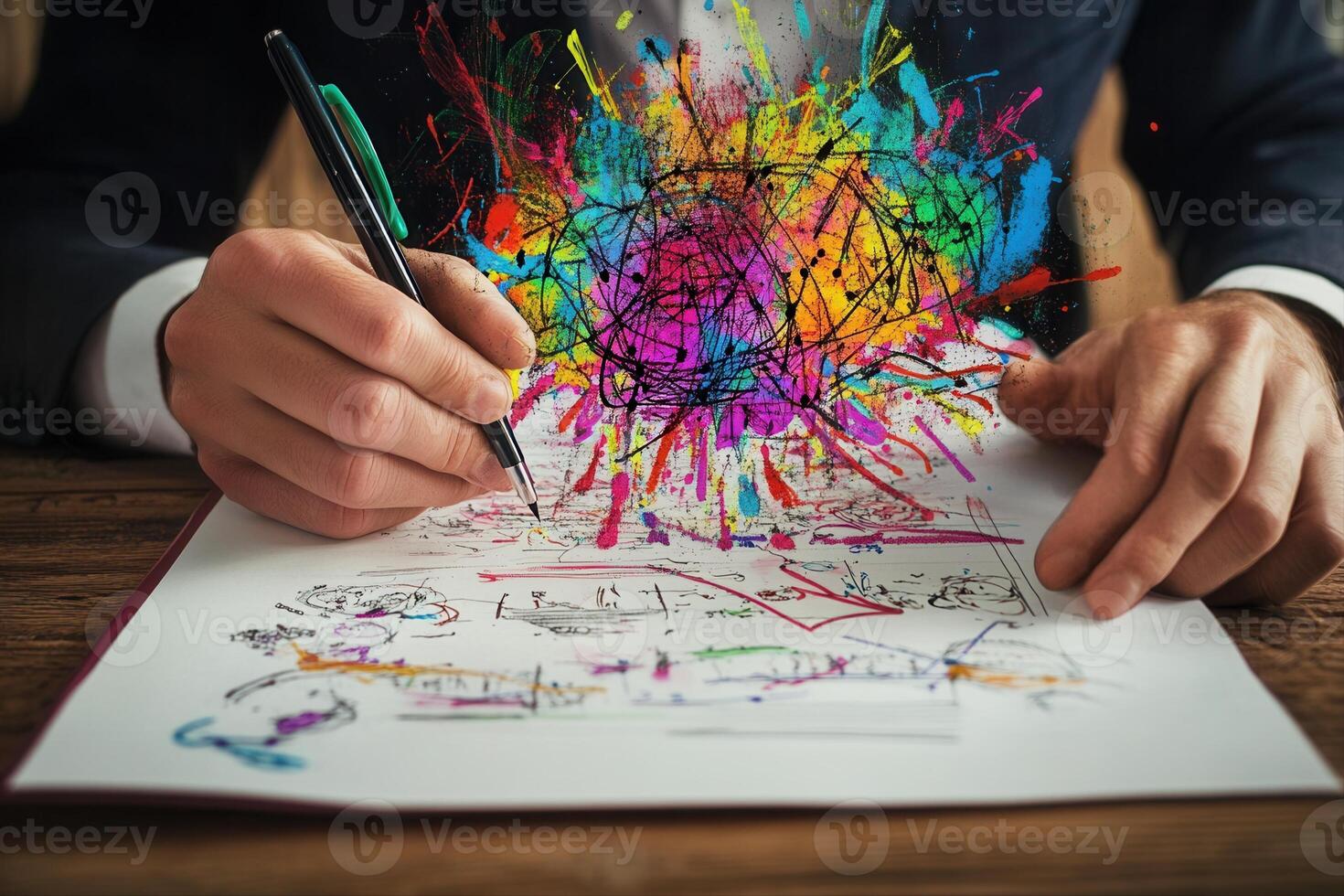 A businessman sketches vibrant ideas on paper, surrounded by colorful abstract splashes photo