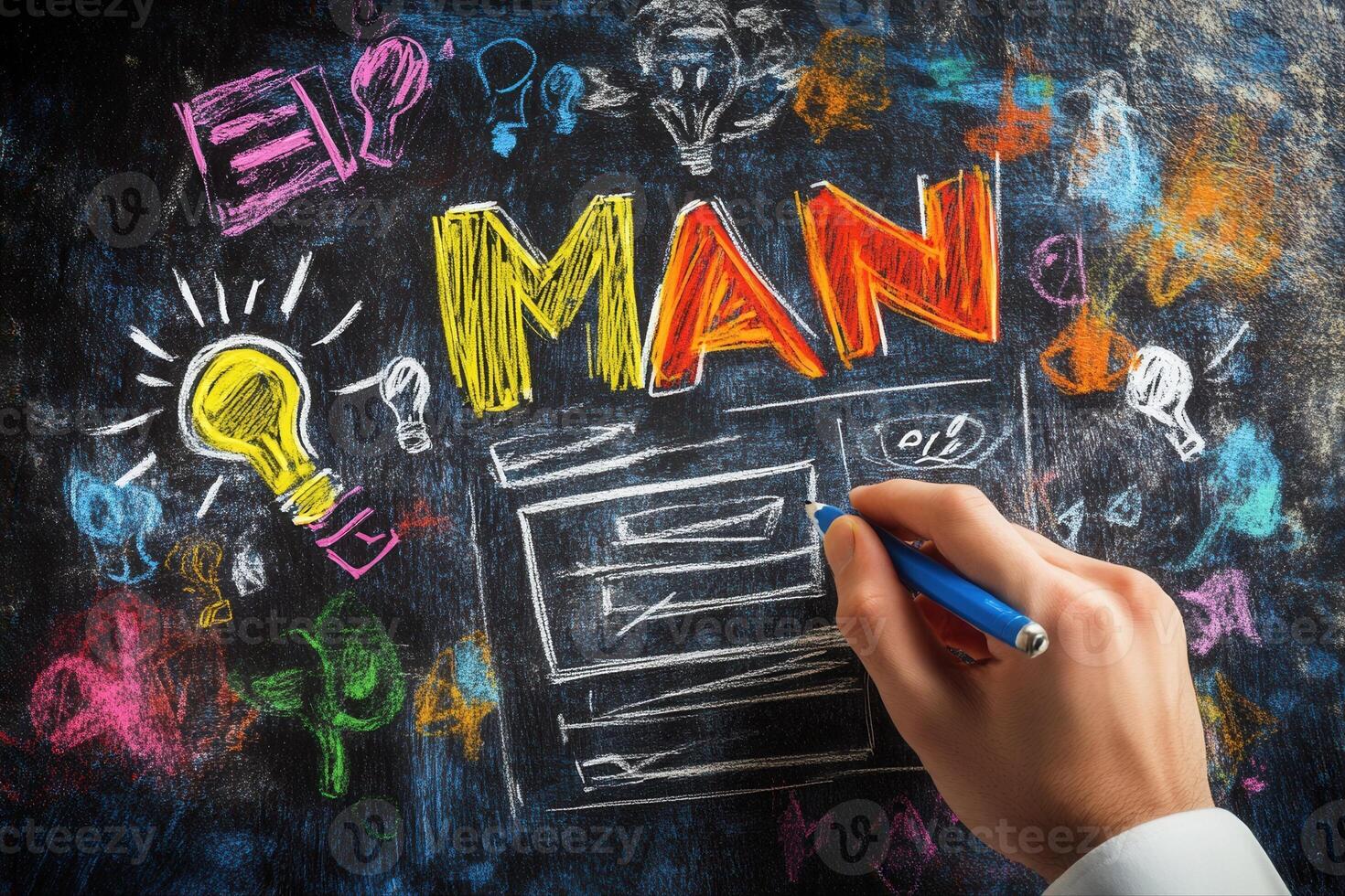 Creative chalkboard illustration featuring a hand drawing ideas with vibrant colors photo