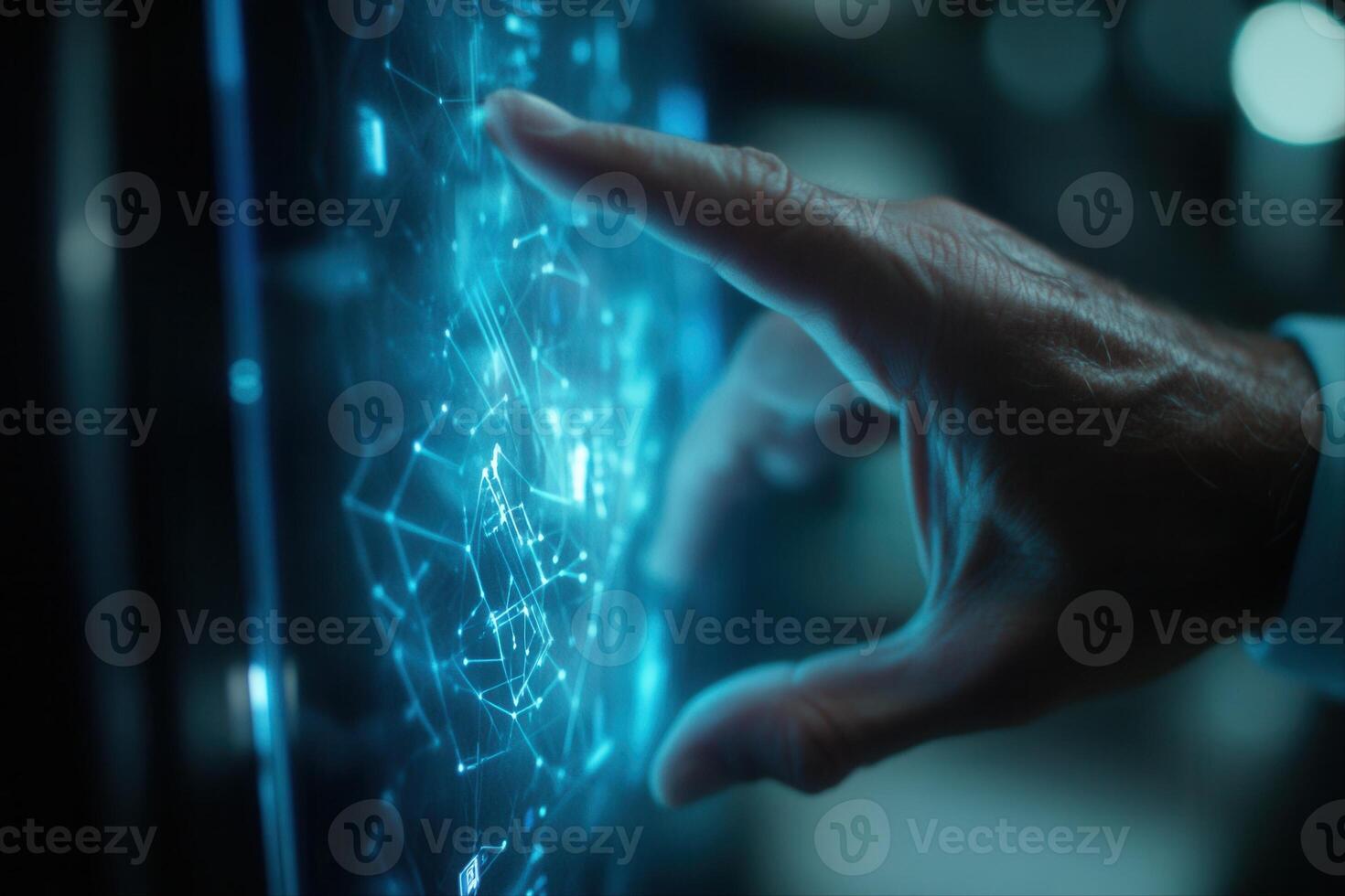 A close-up of a human hand interacting with a futuristic digital interface displaying data photo