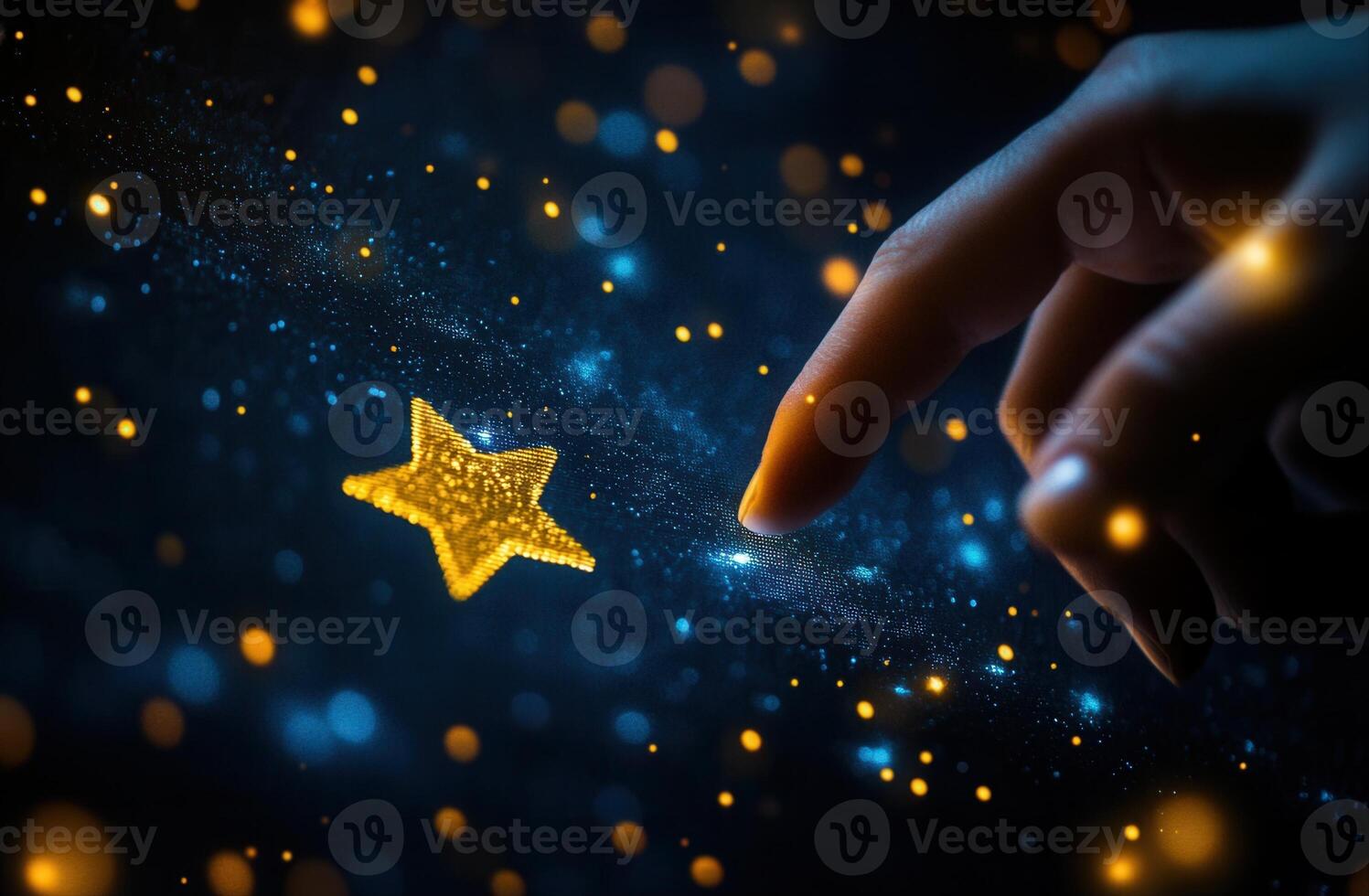 A hand reaching out to touch a glowing golden star in a cosmic, starry background photo
