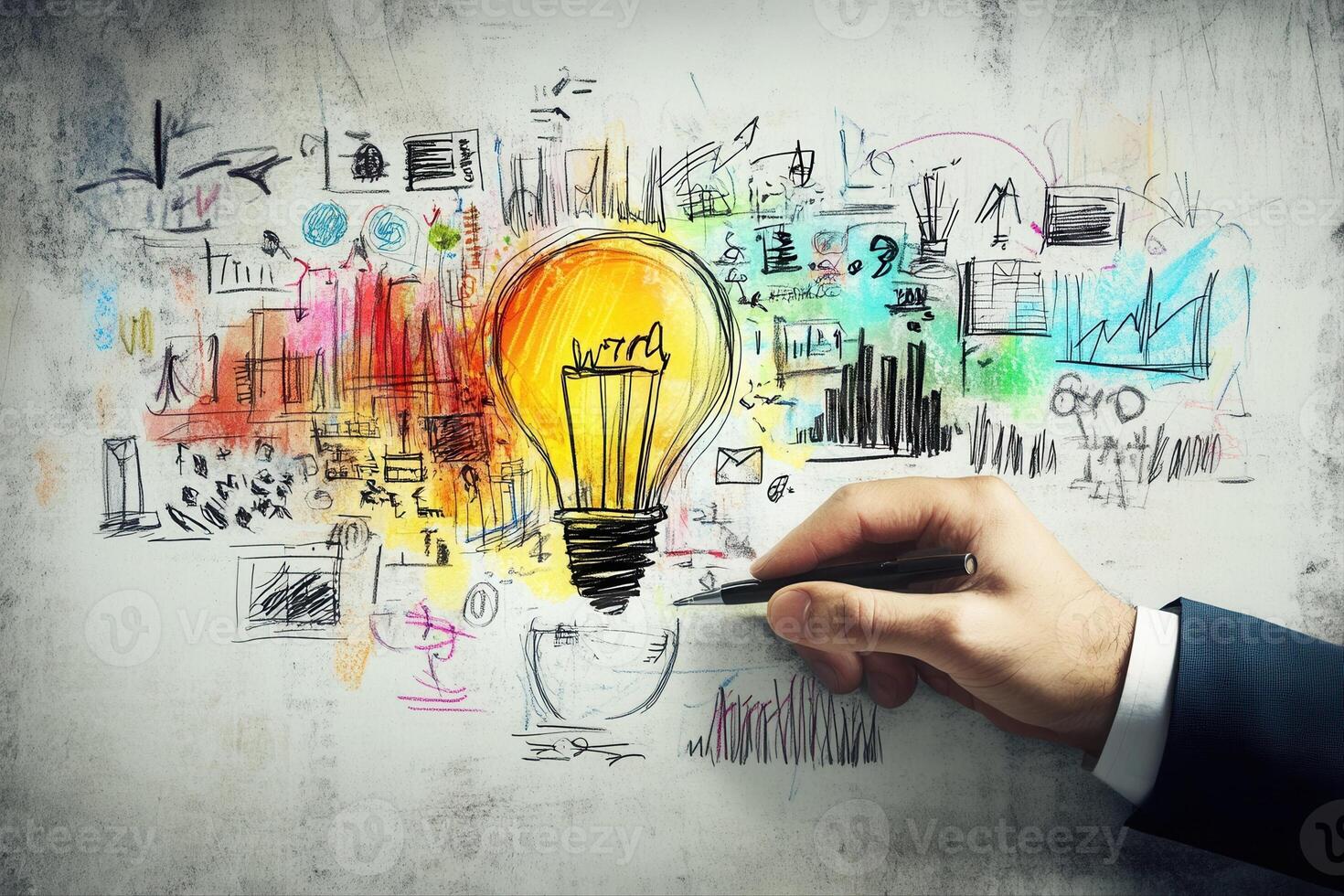 Creative hand sketching vibrant ideas and concepts on a wall with a glowing light bulb photo
