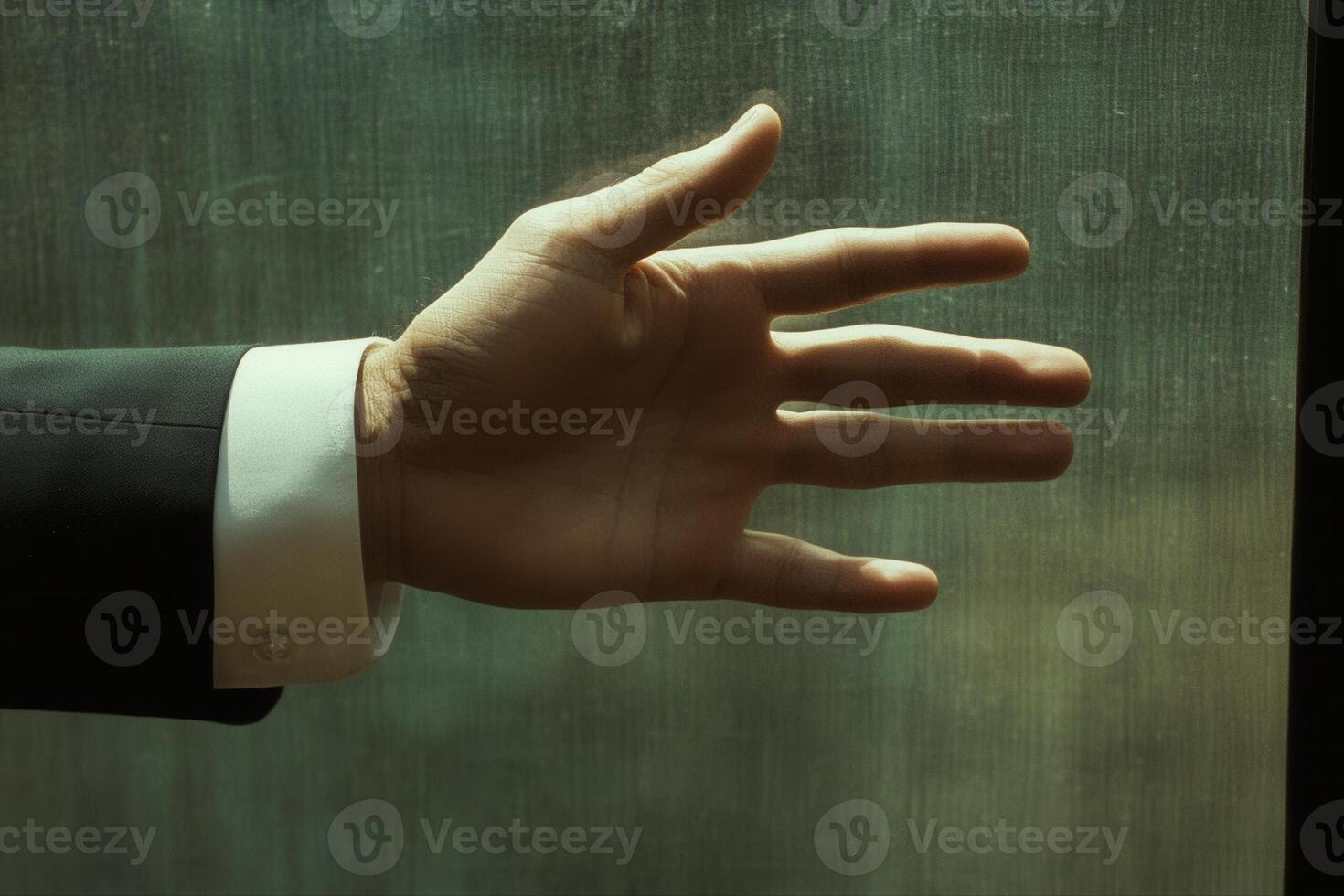 A businessman reaching out with a hand against a textured glass window in a modern office photo
