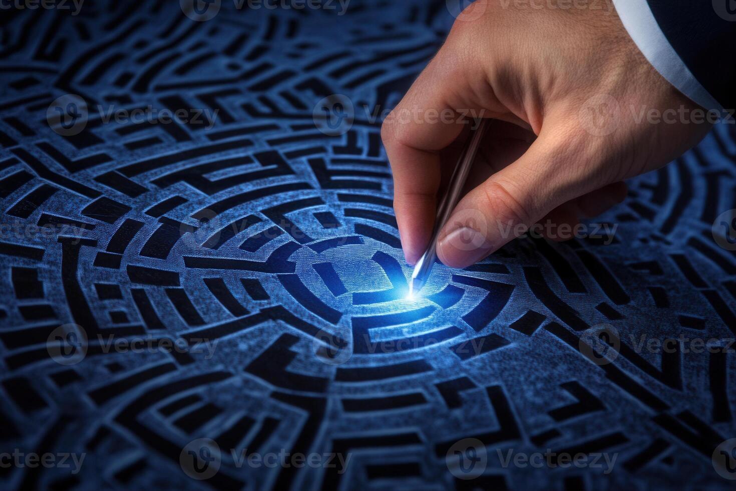 A focused hand using a tweezers to highlight a point in a complex maze design on a dark surface photo