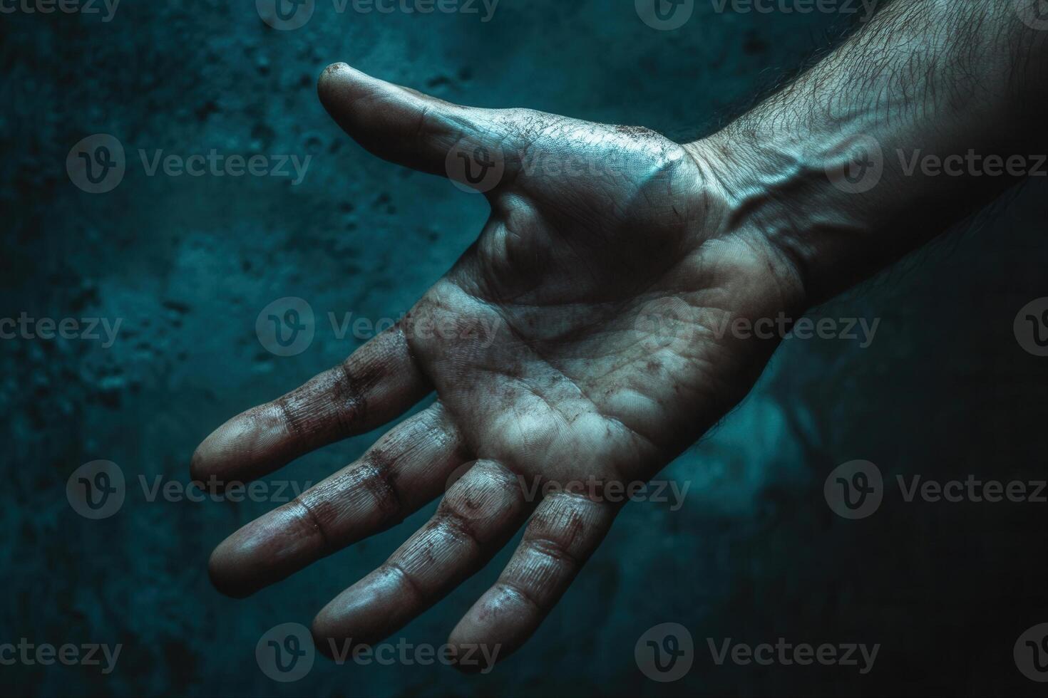 Close-up of a weathered hand reaching out against a textured blue background, symbolizing hope photo