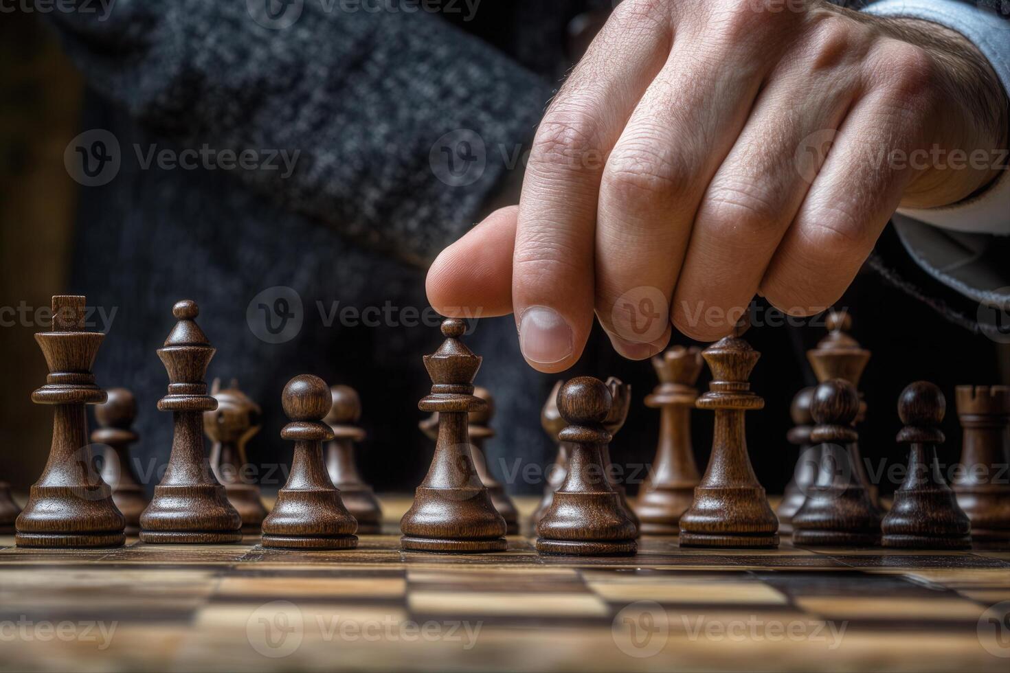 A focused hand moving a chess piece in a strategic game set against a rustic background photo