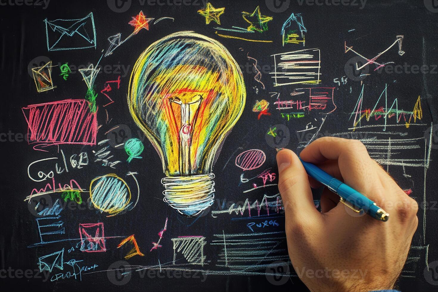 Creative brainstorming session illustrated with colorful chalk drawings on a blackboard photo