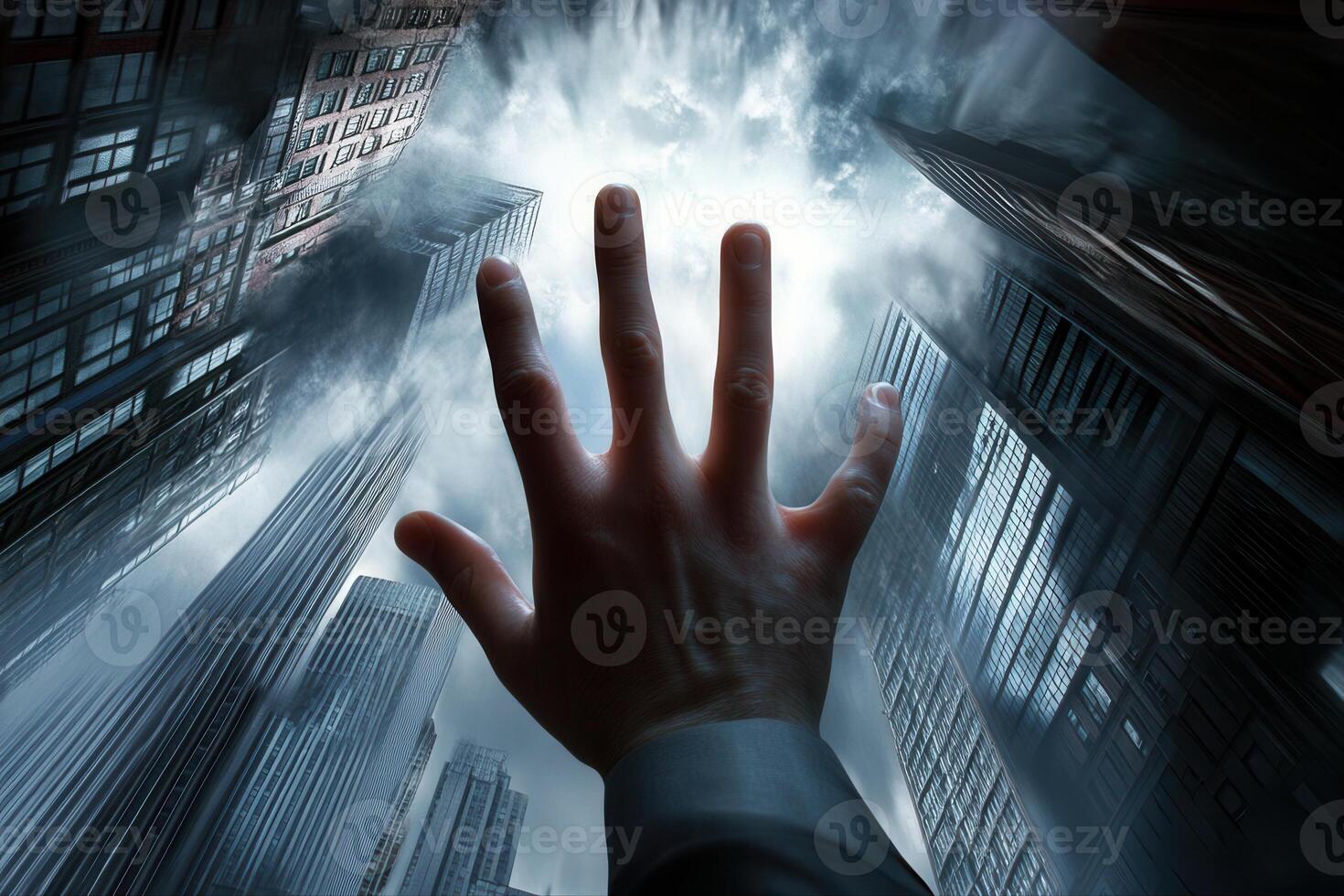 A human hand reaching towards a bright sky amidst towering skyscrapers in an urban setting photo