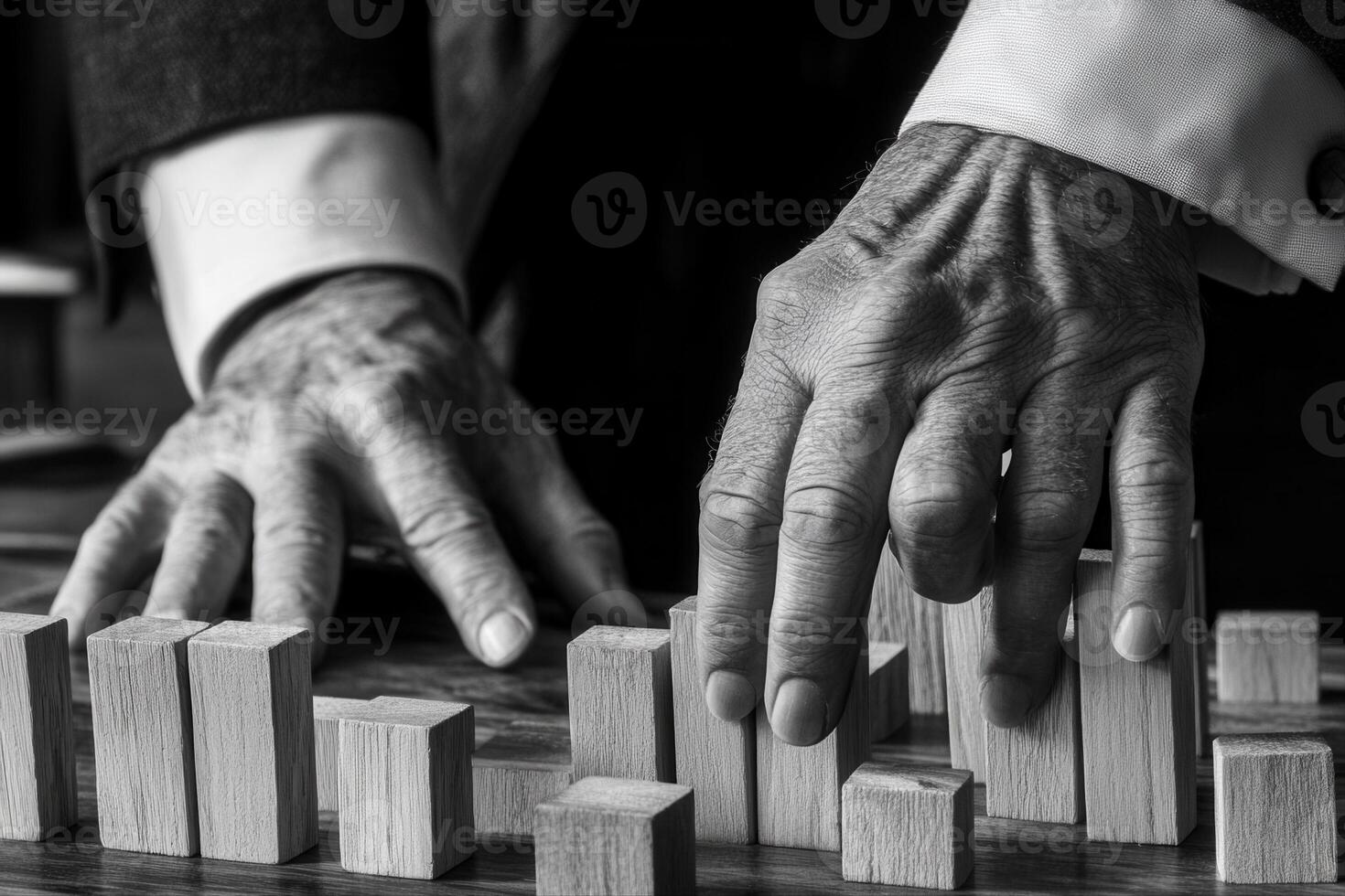 Close-up of hands arranging wooden blocks on a table, showcasing focus and precision photo