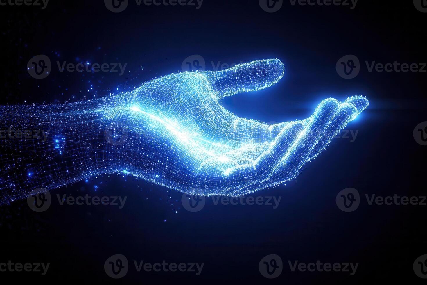 Digital representation of a glowing hand reaching out, symbolizing technology and connection photo