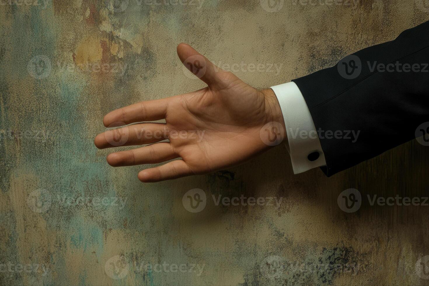 Elegant hand reaching out against a textured backdrop, suggesting invitation or greeting photo