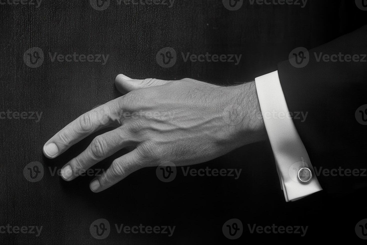 Elegant hand in a formal cufflink reaching towards a textured surface, showcasing sophistication photo