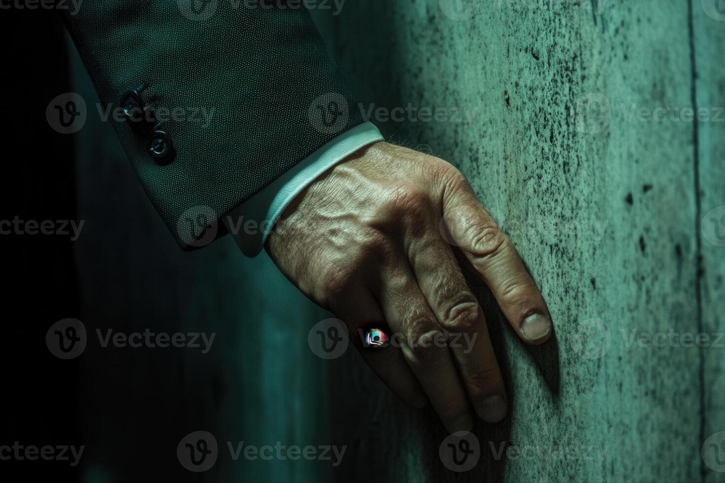 A close-up of a man's hand resting against a textured wall, showcasing intricate details photo