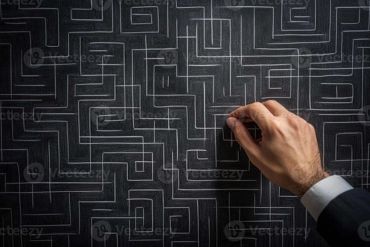 A hand drawing a complex maze on a chalkboard, symbolizing problem-solving and creativity photo