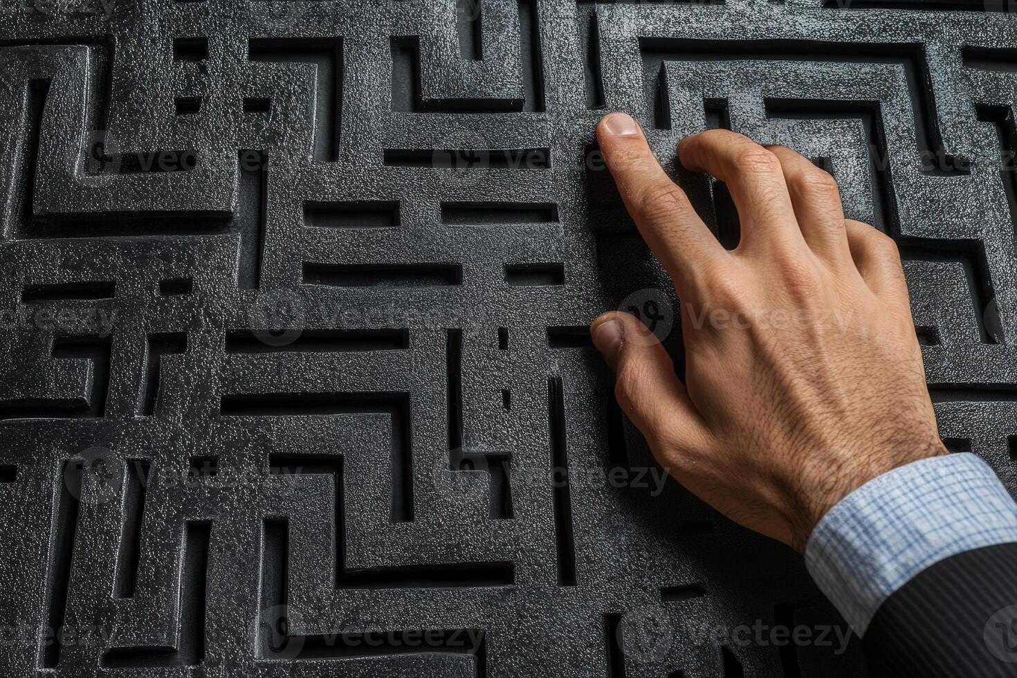 A hand navigating through a complex black maze pattern, symbolizing problem-solving in design photo