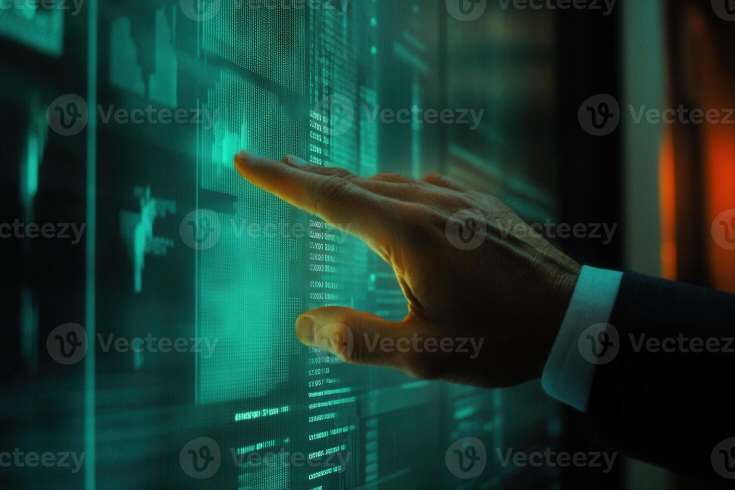 A business professional interacting with a digital interface displaying data analytics photo
