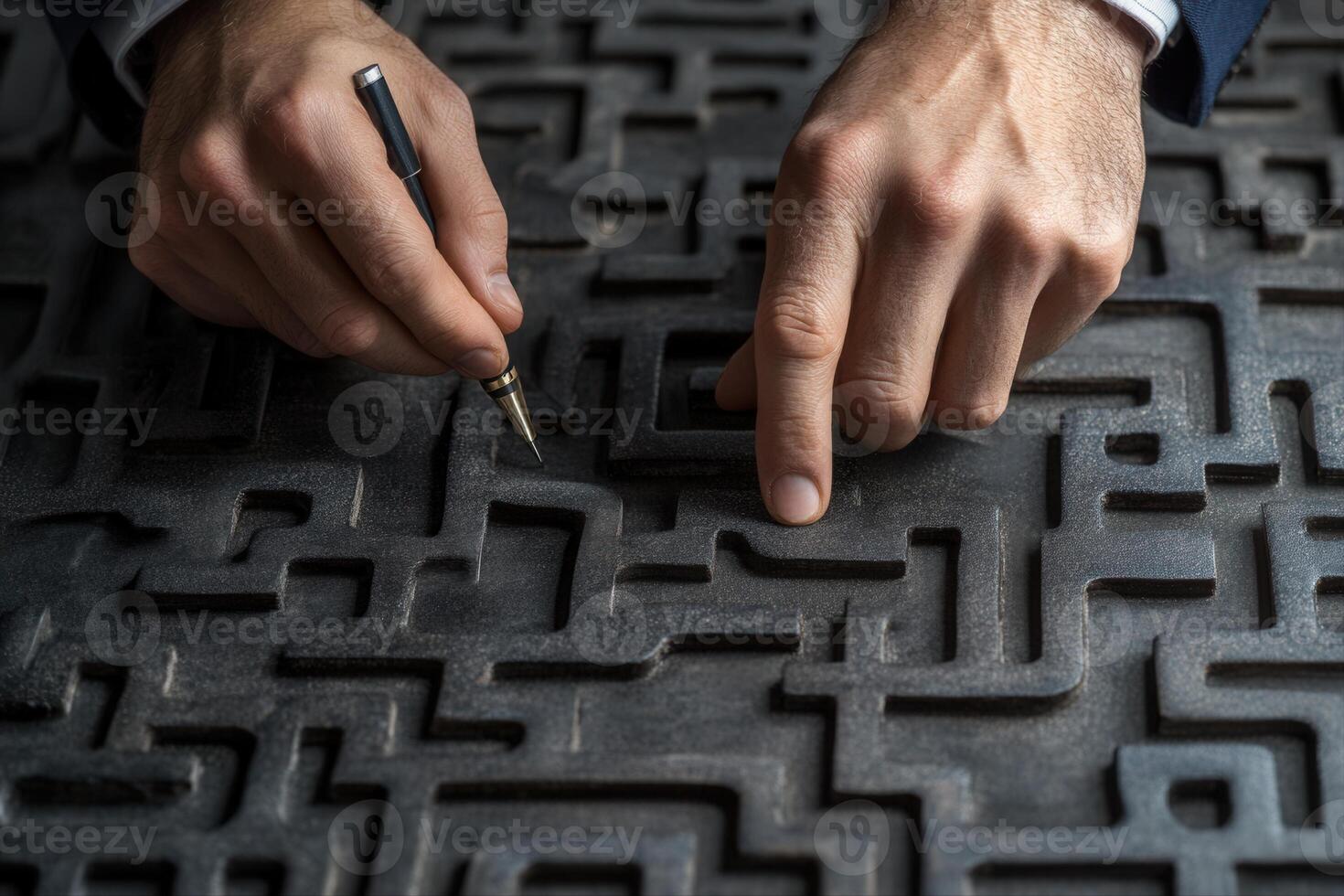 A businessman skillfully navigating a complex maze design with a pen, showcasing strategy photo