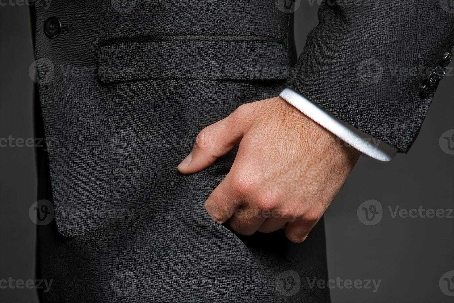 Elegant businessman adjusting suit pocket in a professional setting with dark background photo