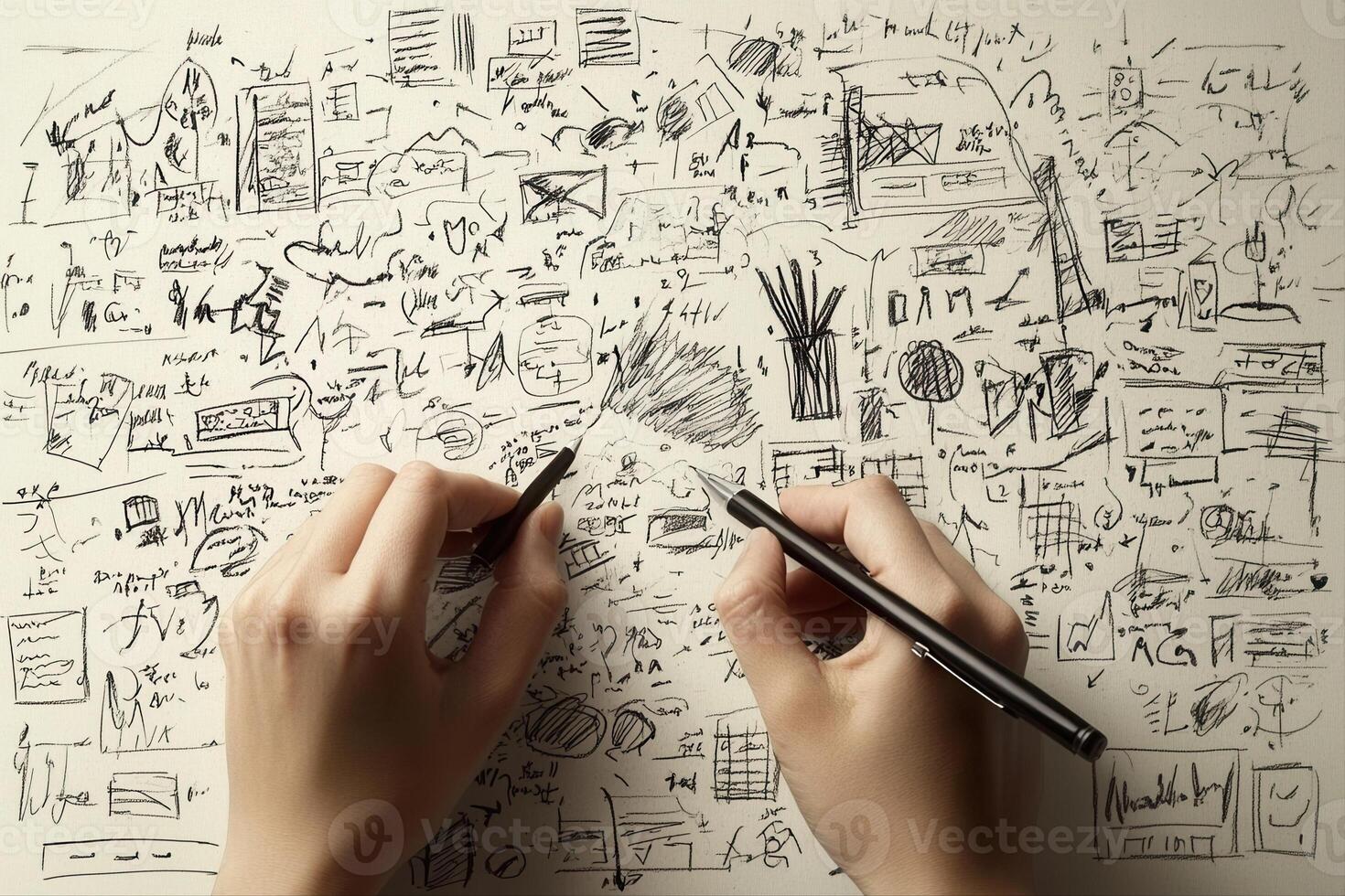 Creative brainstorming session with hands sketching ideas on a cluttered notepad filled with doodles photo