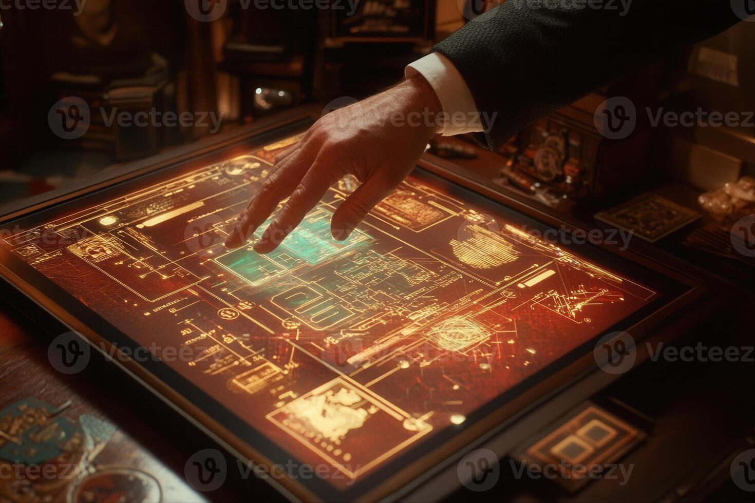 A businessman interacts with a futuristic touchscreen interface displaying complex data photo
